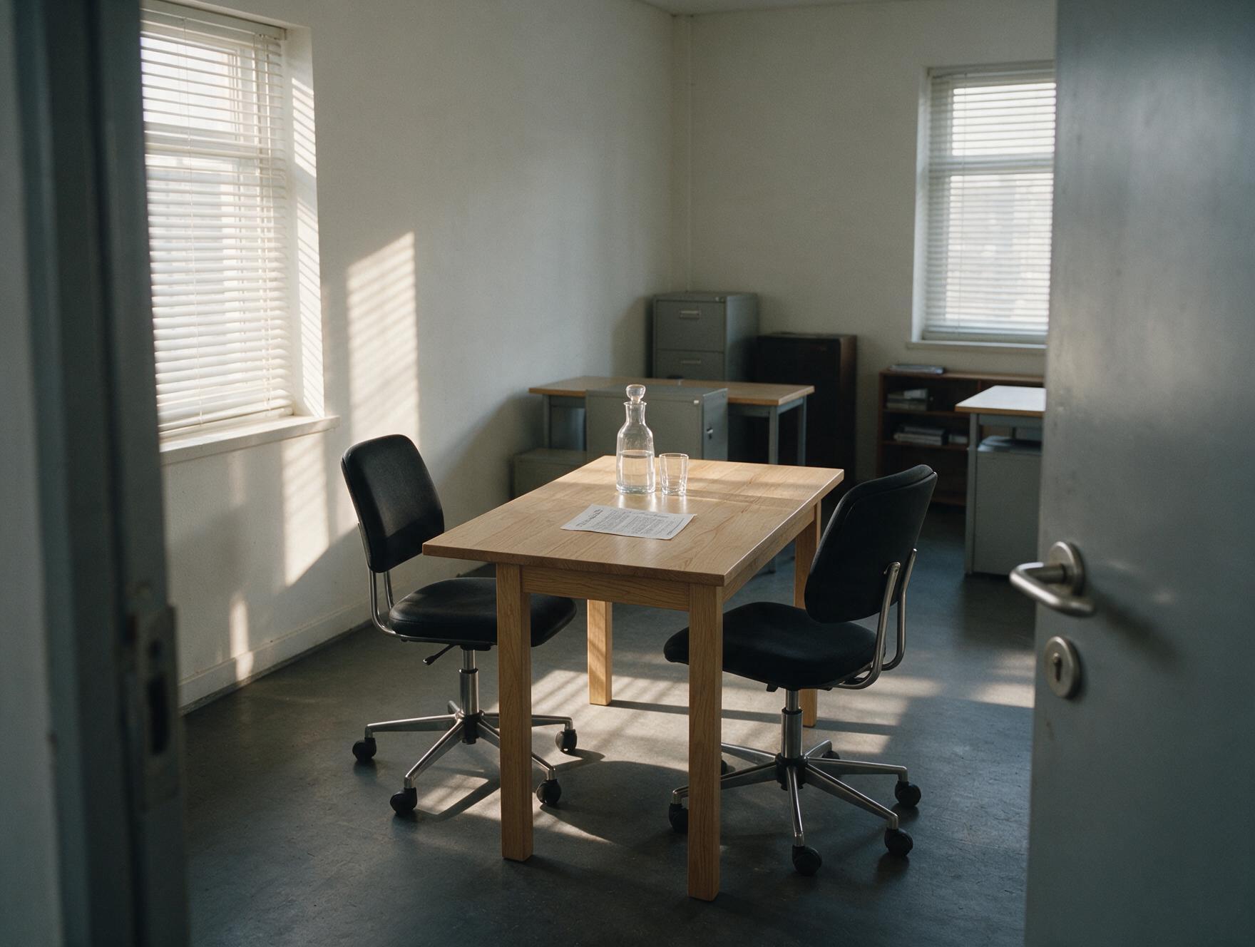 Ein nüchternes Besprechungszimmer, von der halb geöffneten Tür aus fotografiert. In der Mitte ein heller Holztisch mit zwei schwarzen Bürostühlen, die sich gegenüberstehen. Auf dem Tisch stehen eine Glaskaraffe mit Wasser und ein Glas, daneben liegt ein einzelnes bedrucktes Blatt Papier. Durch die Jalousien fällt Sonnenlicht in Streifen auf Wand und Boden. Der Raum ist leer, das Gespräch hat noch nicht begonnen.