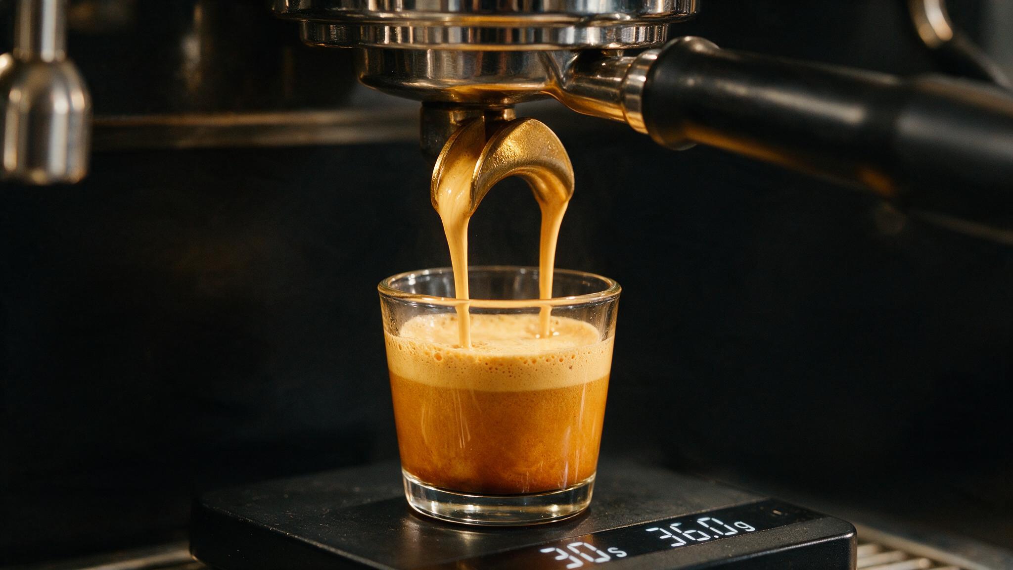 Nahaufnahme eines Siebträgers aus Edelstahl, aus dem zwei dunkle Espressostränge in ein kleines Glas laufen. Das Glas steht auf einer schwarzen digitalen Waage, deren Display Zeit und Gewicht anzeigt. Warmes Licht auf dem Metall, dunkler Hintergrund, niemand im Bild.