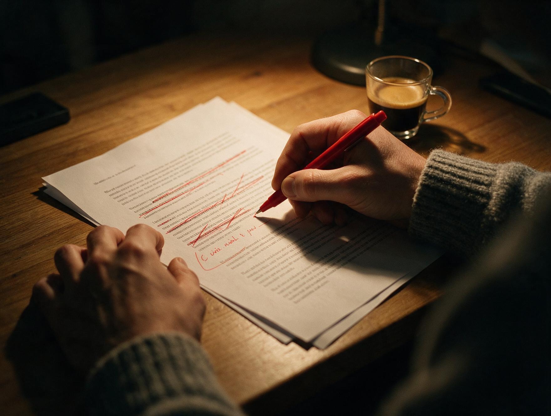 Auf einem Holztisch liegen ausgedruckte Textseiten, eine Hand hält einen roten Stift und hat mehrere Zeilen durchgestrichen und an den Rand geschrieben. Daneben ein Espresso, seitliches Lampenlicht, sonst niemand im Bild.